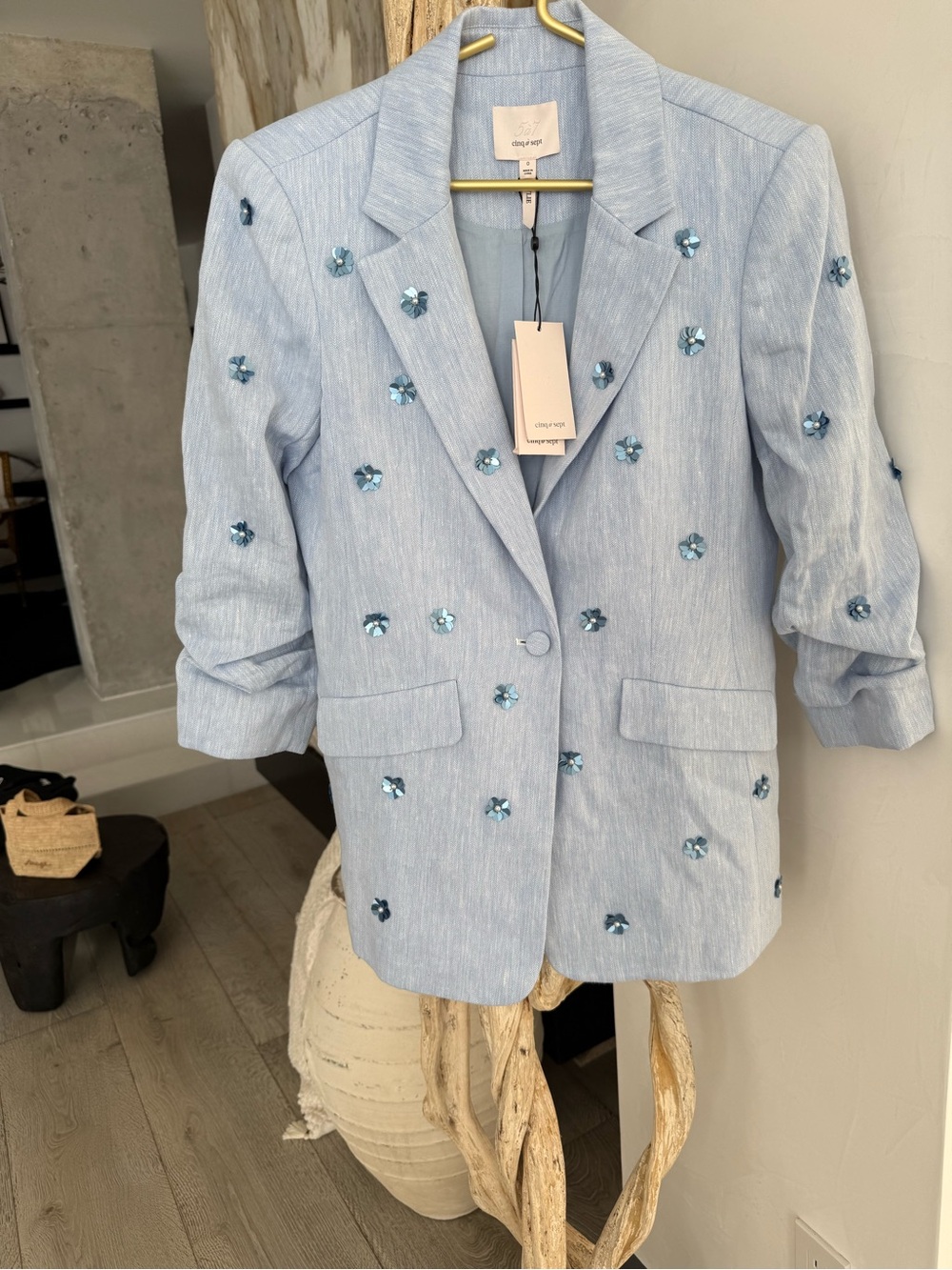 cinq a sept Light Blue Linen-Blend Blazer with flower embellishments - Picture 10 of 16